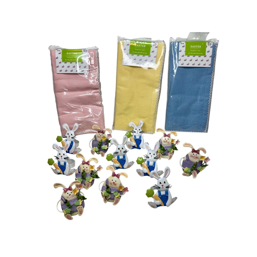 Easter‎ Napkin Set and Bunny Napkin Rings 12pc Pink Yellow Blue 18x18 NEW